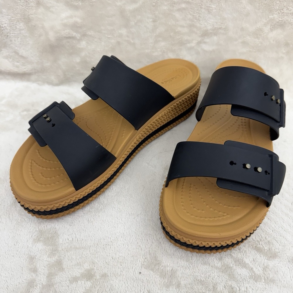 CROCS Black Strap Sandals with Tan Footbed